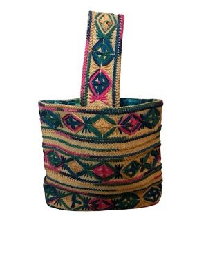 Vintage Burlap Boho Tote from Guatemala with Hand Embroidered Accents